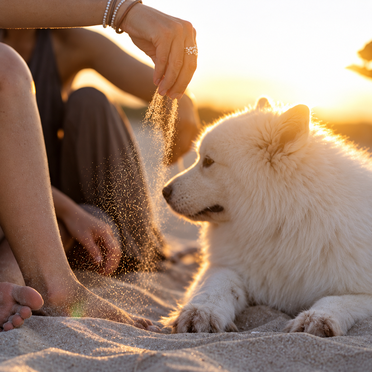 A dog relaxing beside its family on the sand in warm evening light